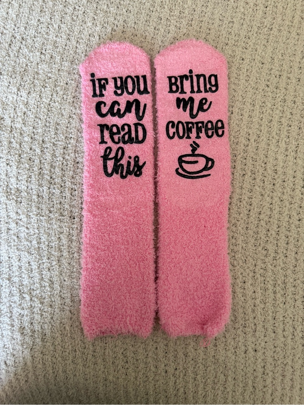 Pink Cozy Fuzzy Slipper Socks - "If You Can Read This / Bring Me Coffee"